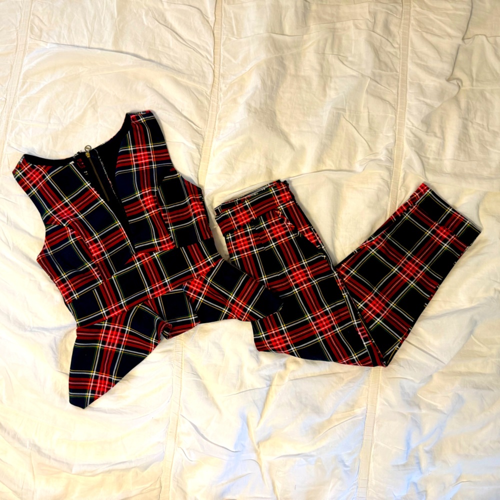 Dolce & Gabbana Tartan Plaid Peplum Top & Pant Set